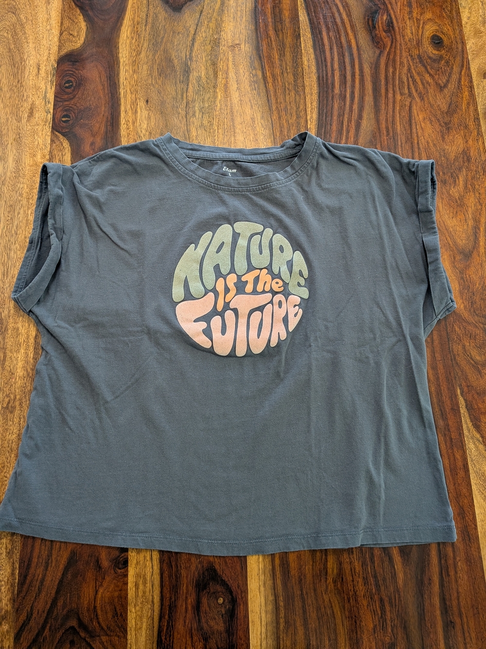 Etam Nature Is The Future Graphic Tee Large Washed Charcoal Rolled Sleeve